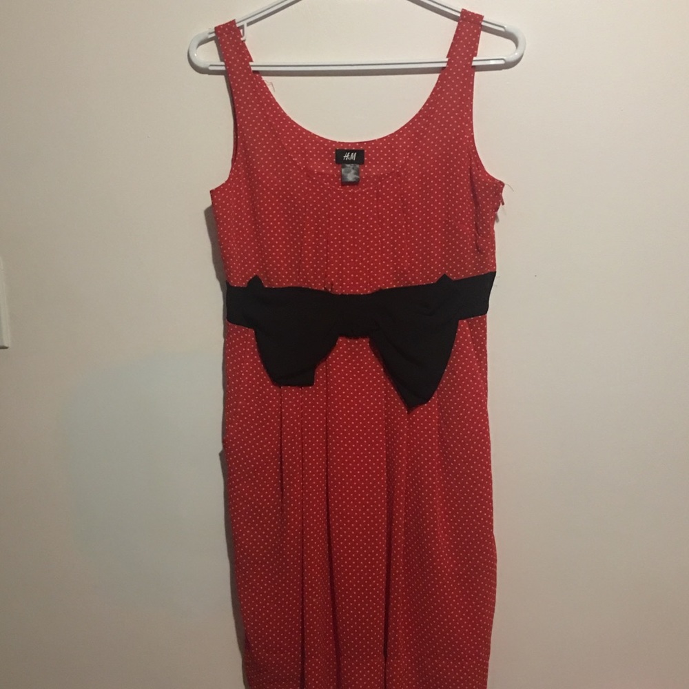 Cute red polla dot black bow dress